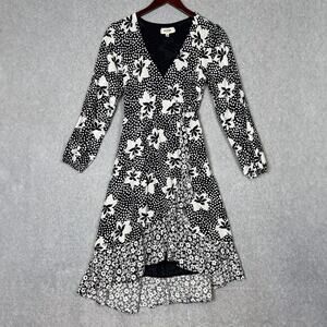 Anthropologie Porridge Midi Wrap Dress Size Small Black White Floral Long Sleeve